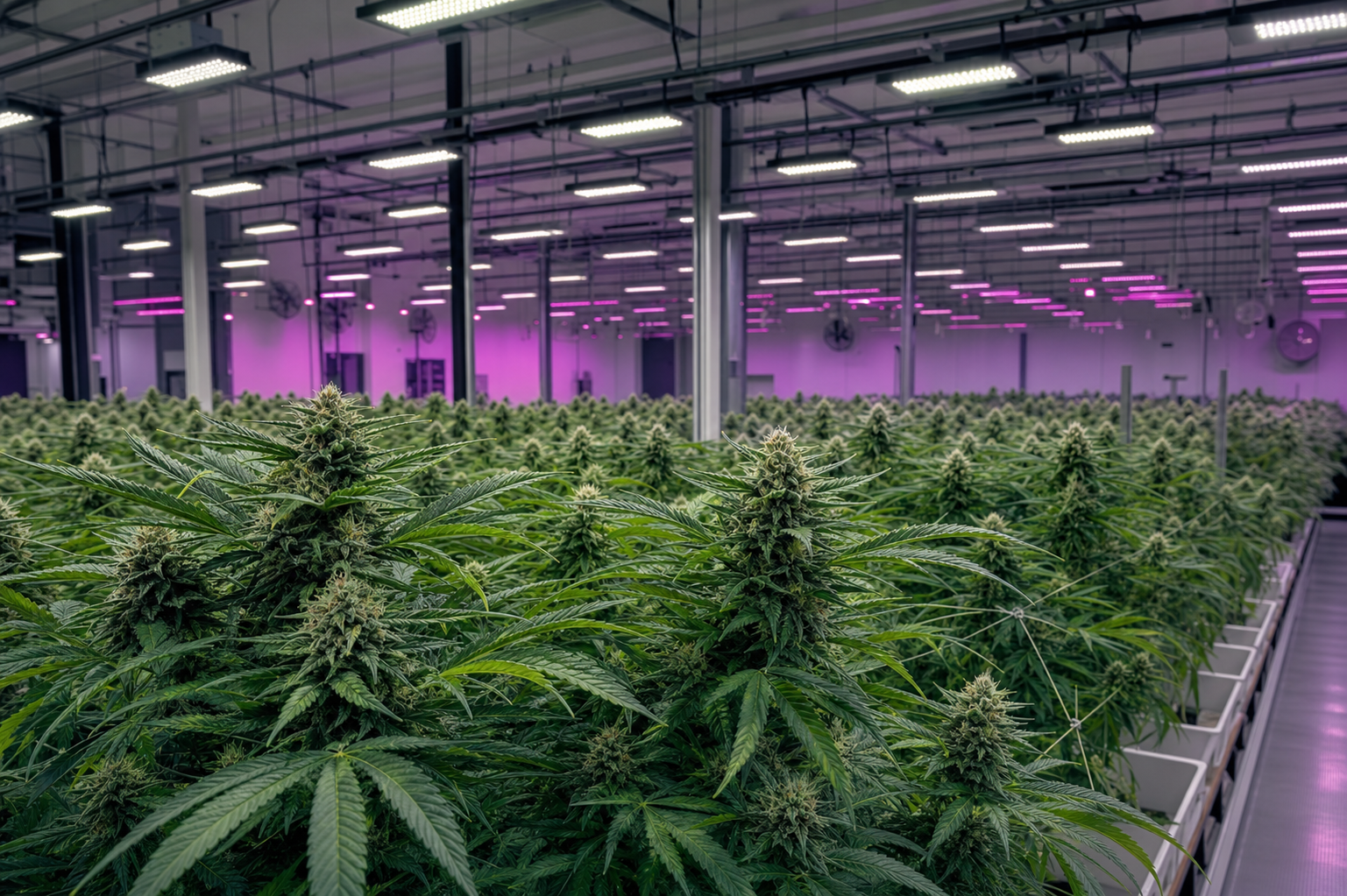 A modern industrial cannabis cultivation facility under LED grow lights