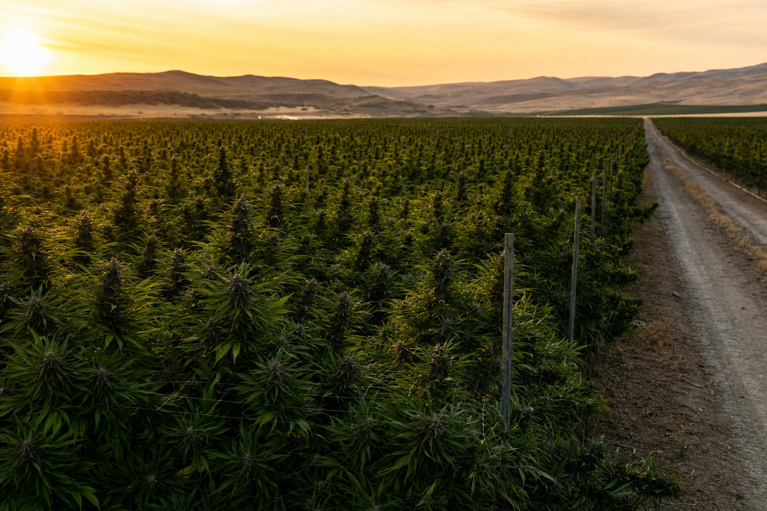 A wide cannabis cultivation field at golden hour, with neat rows of mature plants stretching toward distant hills