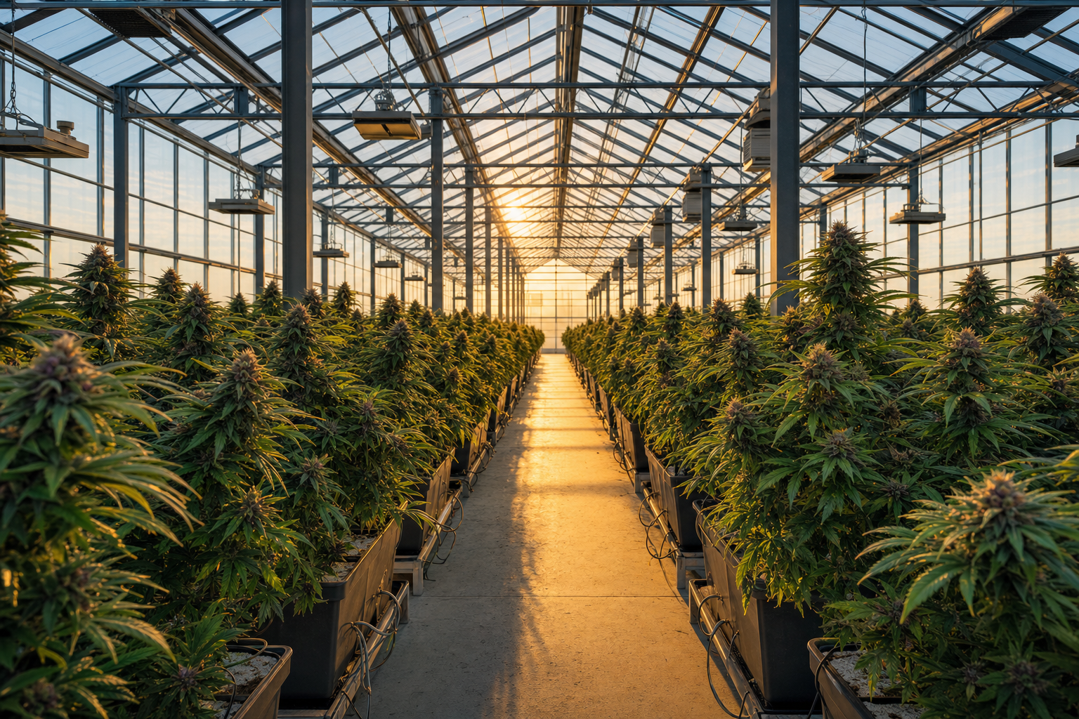 Sunlight streaming through an industrial cannabis greenhouse at golden hour, with rows of mature flowering plants stretching to the horizon