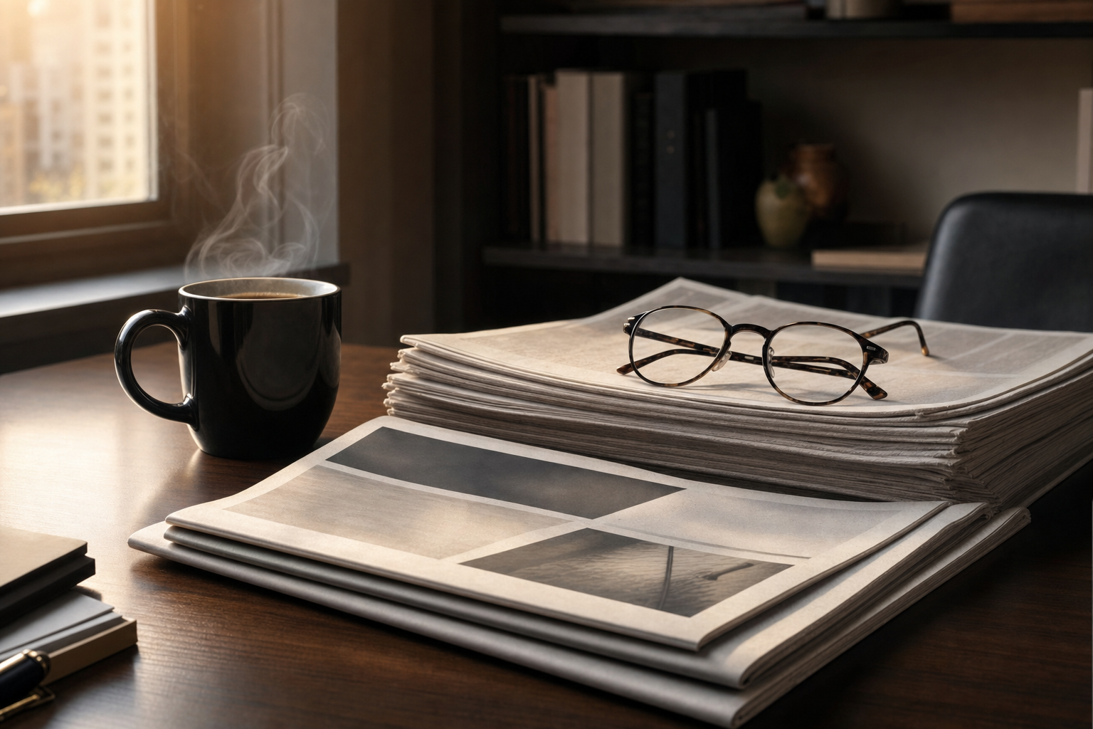 A stack of morning newspapers and a coffee cup on a desk in early sunlight