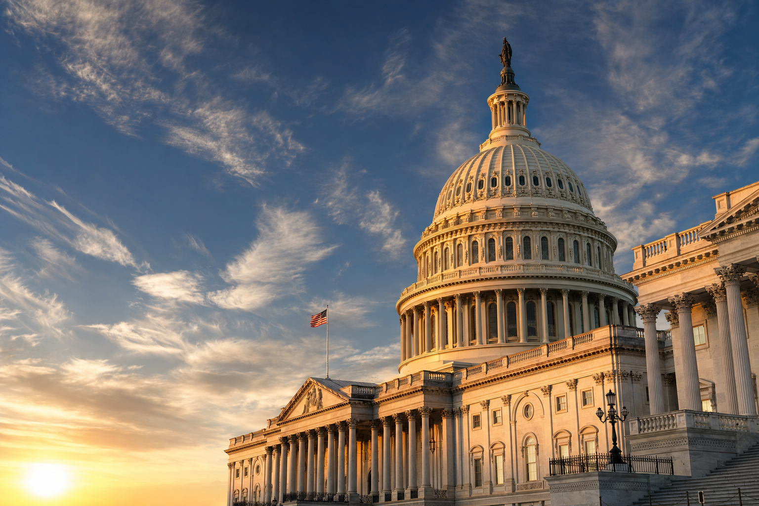 The U.S. Capitol building dome at golden hour